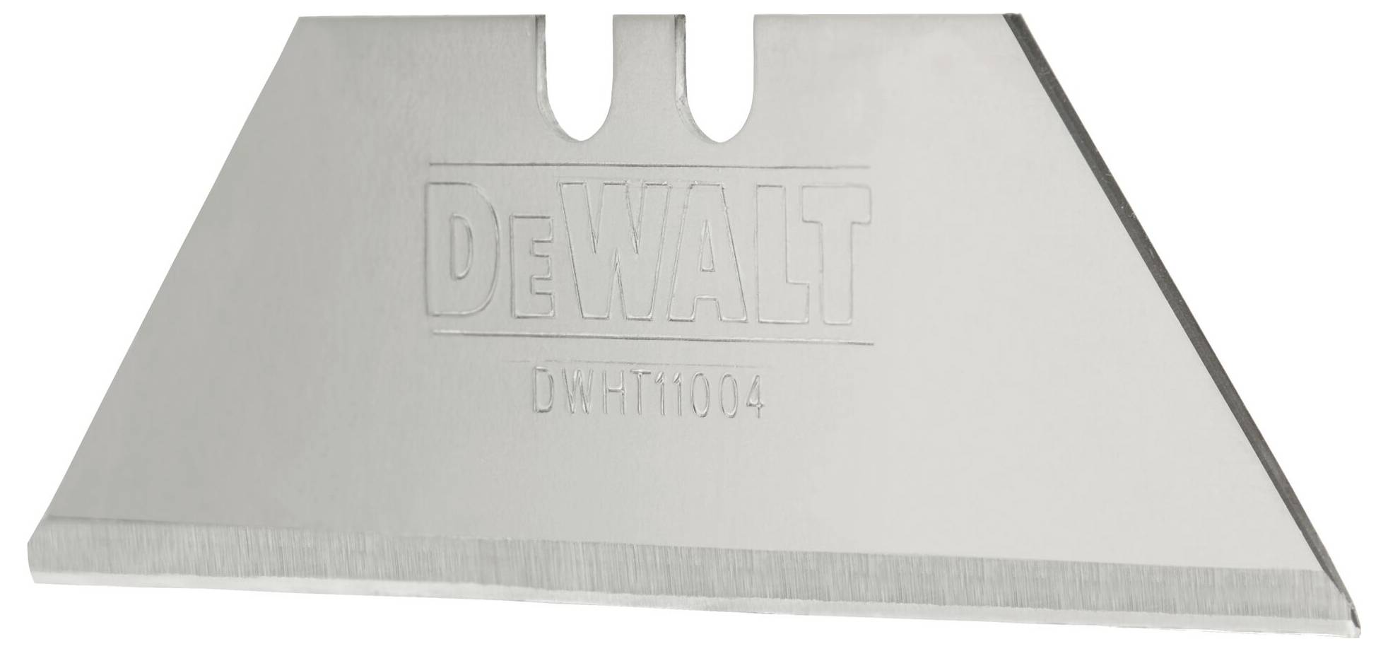 A silver DeWalt utility knife blade with the inscription 'DEWALT' and 'DWHT1004'.