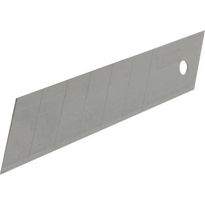 Blades for a utility knife, individually breakable, made of metal, with a hole at the end for easy replacement or storage.