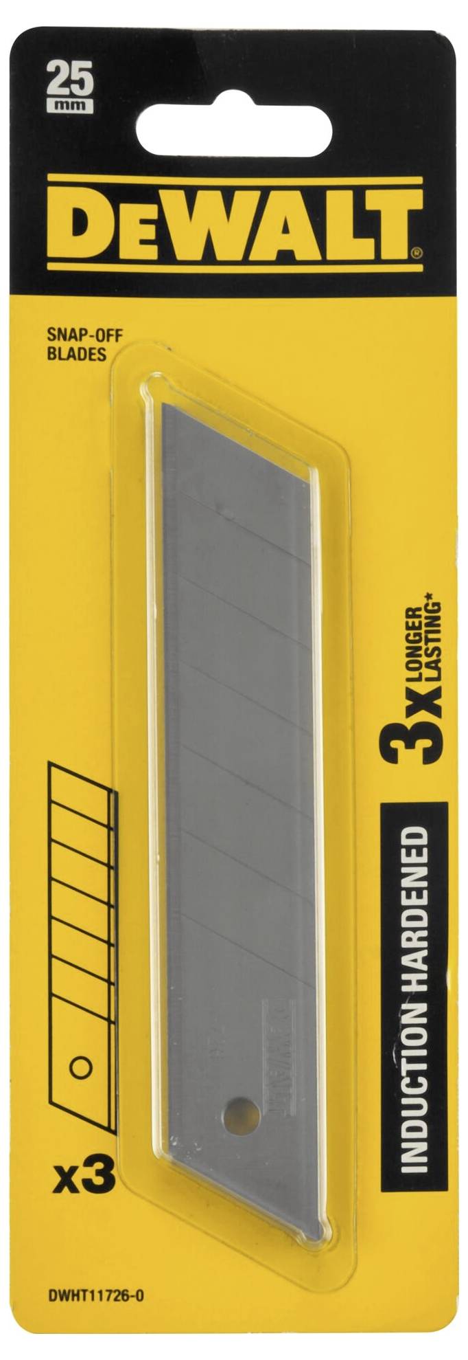 Packaging for a yellow DeWalt carpet knife with 25 breakaway segments. Contains three durable blades.