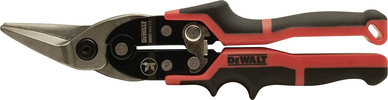 Metal shears with red and black handle, suitable for cutting metals.