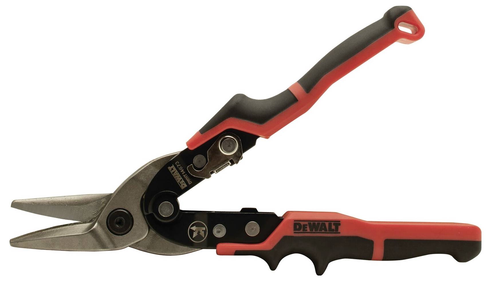 Tin snips with black and red handles, opened. Suitable for cutting metal sheets.