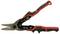 Tin snips with black and red handles, opened. Suitable for cutting metal sheets.
