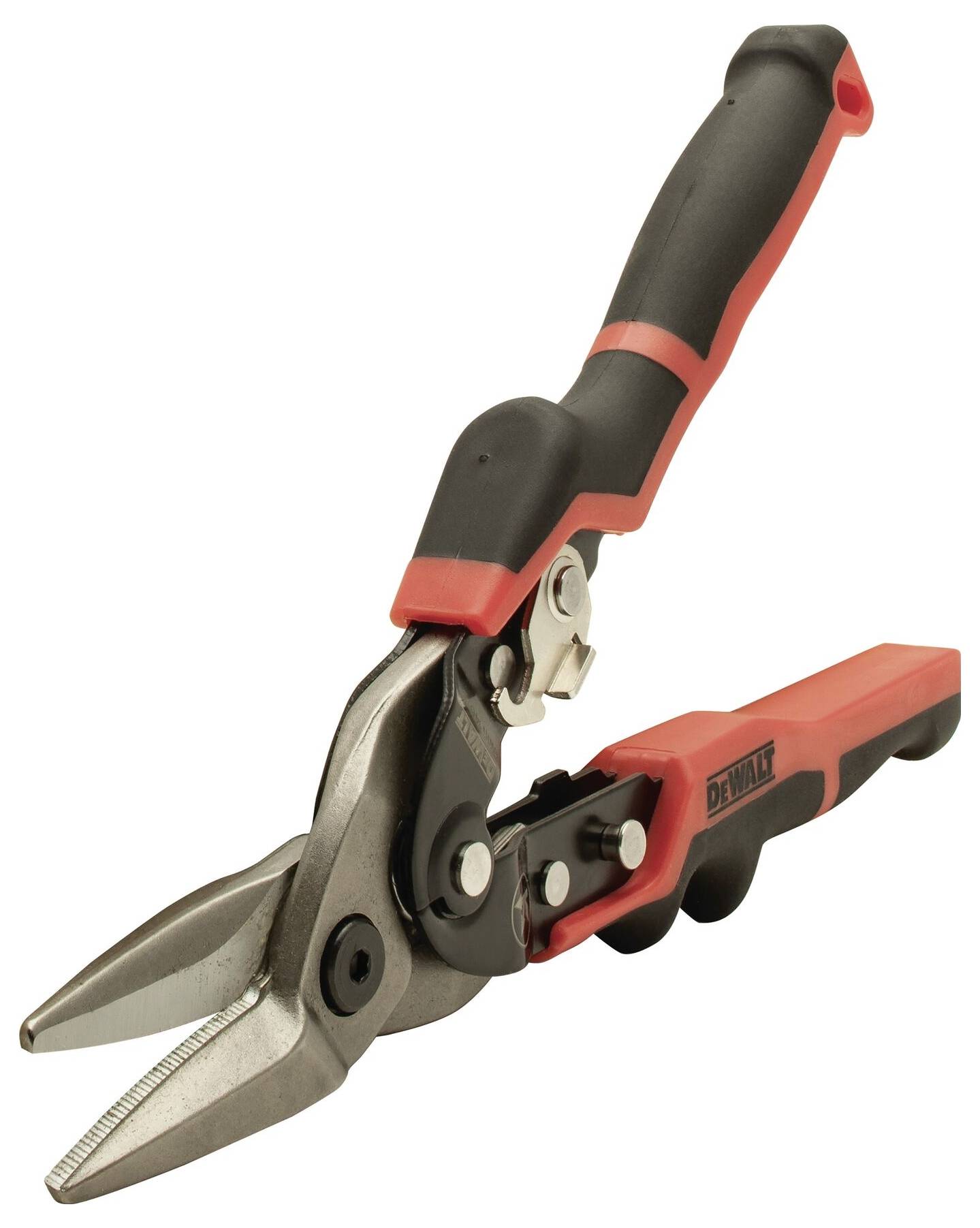 A red metal snips with an ergonomic handle and lever mechanism for cutting metal sheets.