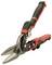 A red metal snips with an ergonomic handle and lever mechanism for cutting metal sheets.
