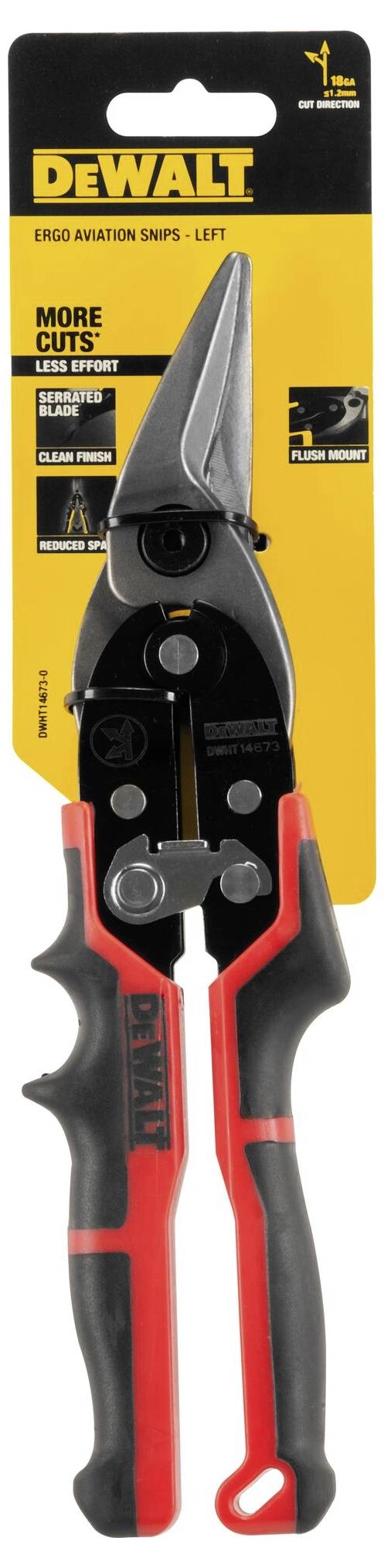 Red and black metal shears by 'DeWalt', packaging with yellow and black details. Cuts metal in a left-hand direction.