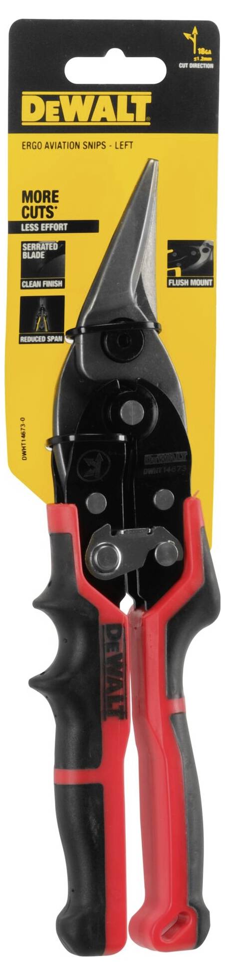 DeWalt scissors with red and black handle, suitable for precise metal cutting; packaging displays brand and model.