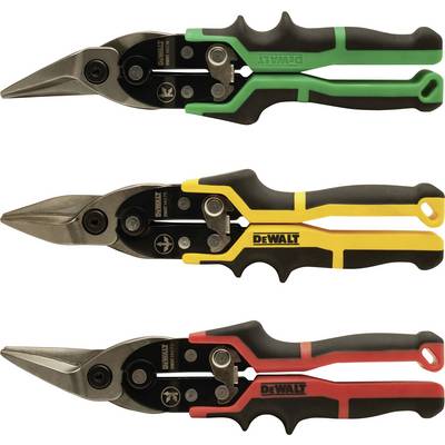 Three tin snips with differently coloured handles (green, yellow, red) for specific cutting directions: right-handed, straight, left-handed.
