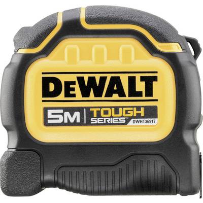 A yellow and black measuring tape with the inscription 'DEWALT 5M TOUGH SERIES'.