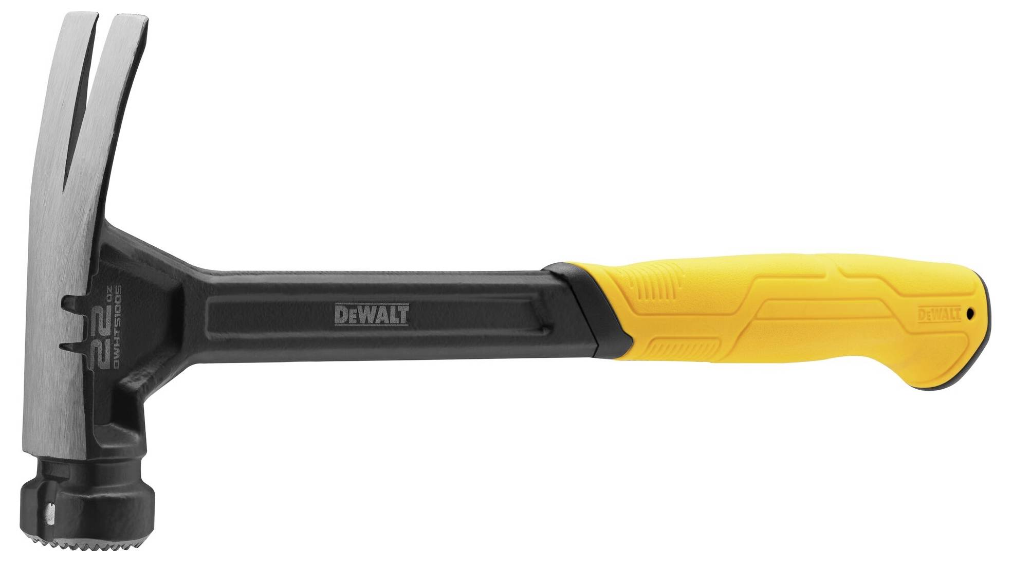 A hammer with a yellow handle and black head, suitable for construction or repair work.