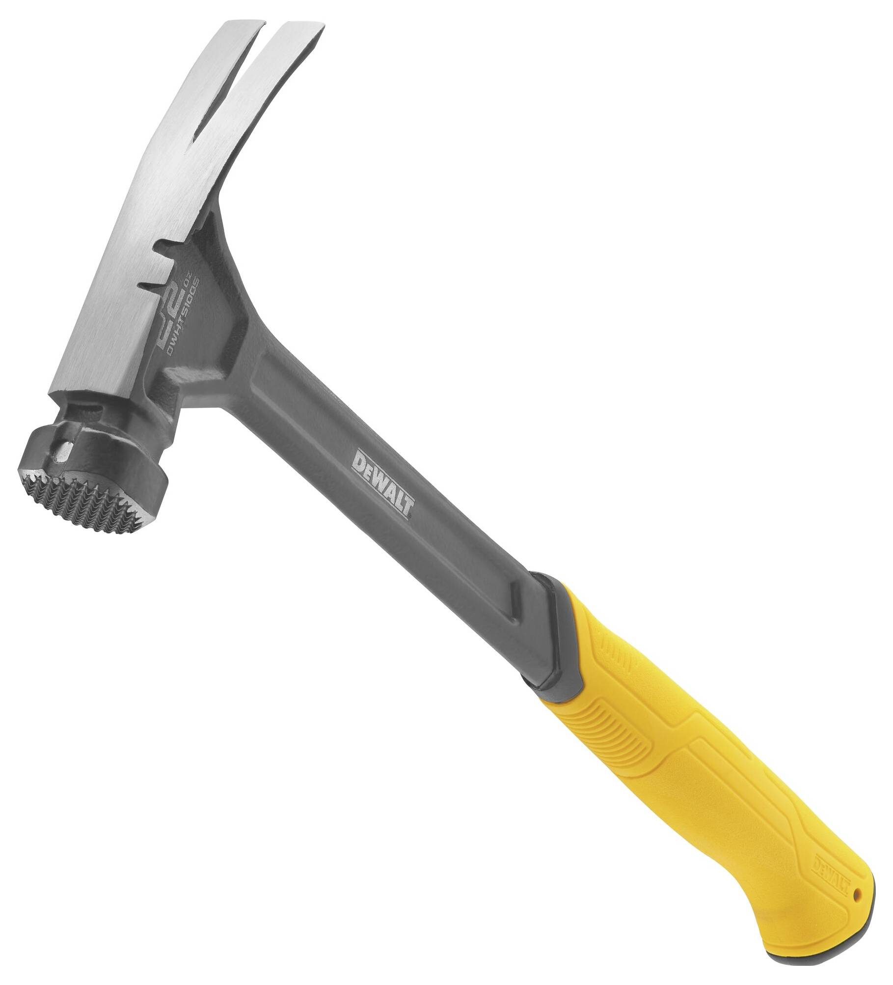 A grey hammer with a yellow handle, suitable for construction work.