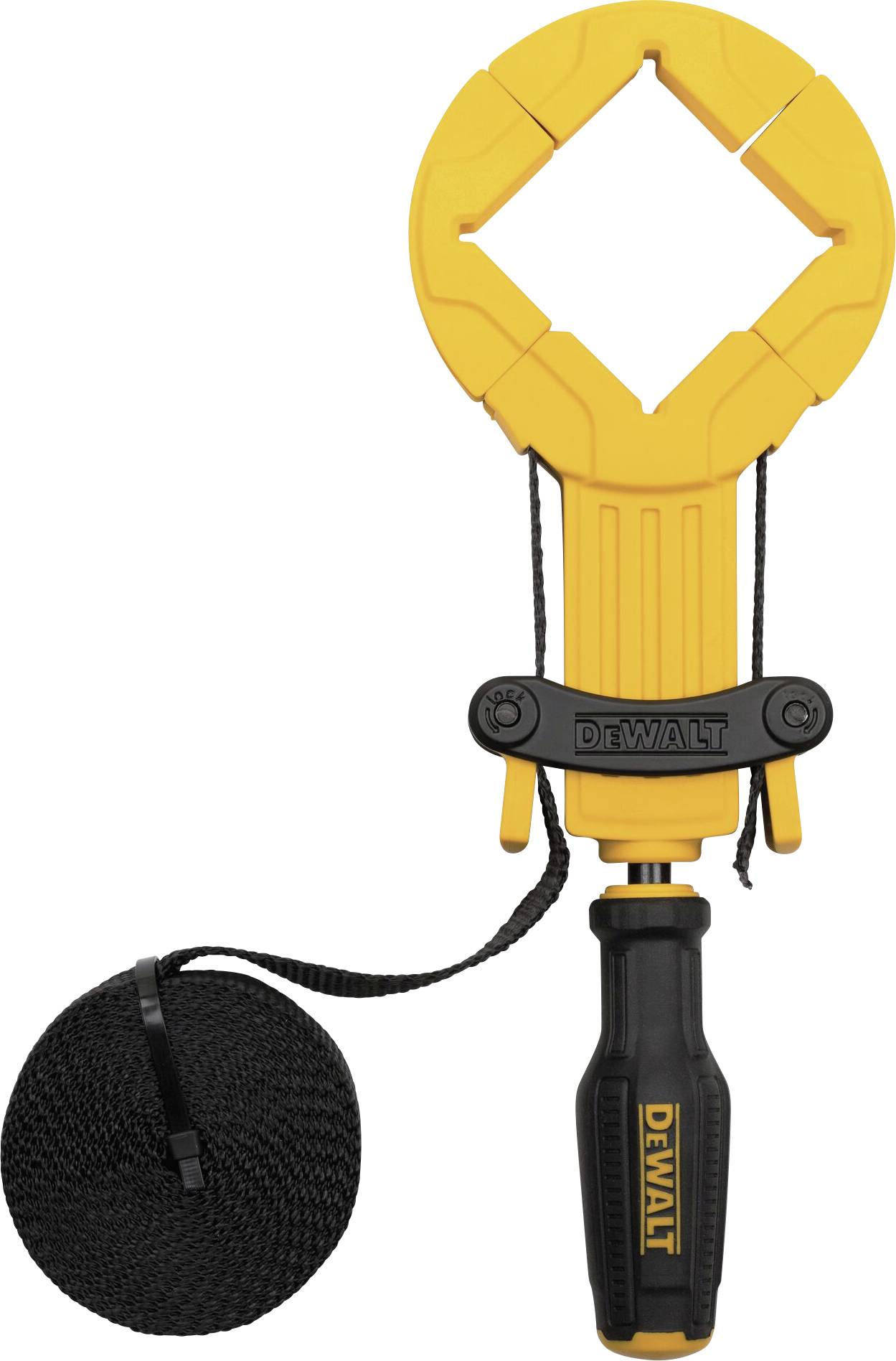 A yellow tension tool with a handle and black cord. It is used for fixing or holding objects together.