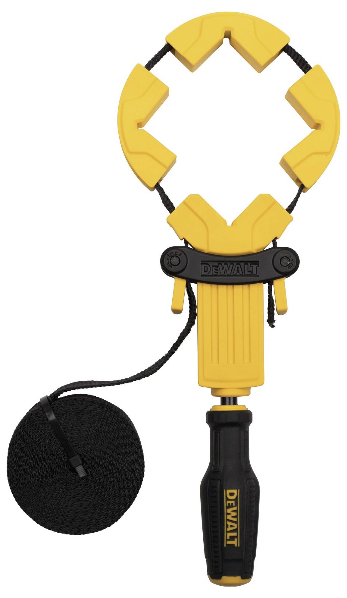 Tool with a yellow, adjustable clamp system and black handle, attached to a black retractable cord. Suitable for pipe work.