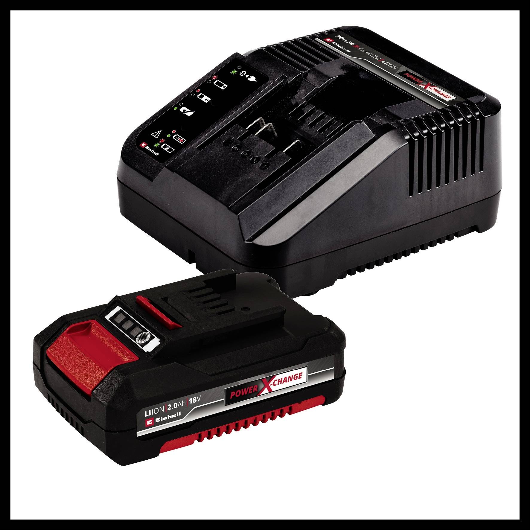 Battery charger and battery with black casing and red details. Inscription 'Power X-Change Einhell'. Suitable for electric tools.