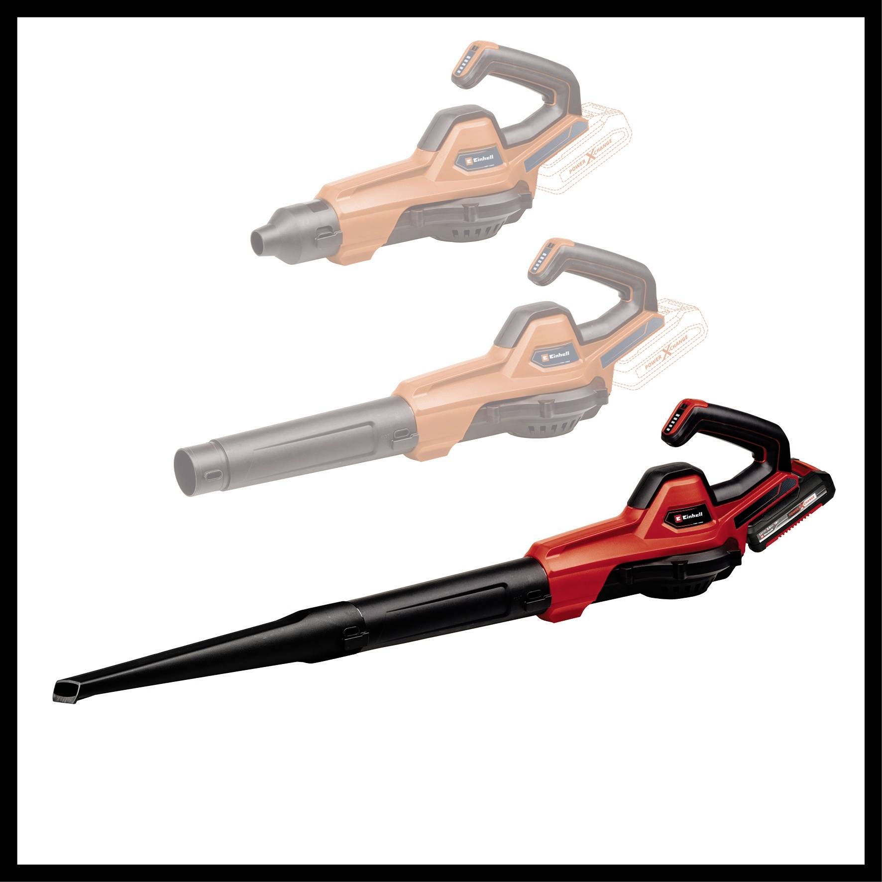 A red, battery-powered leaf blower is positioned horizontally. It demonstrates the compact design and ergonomic handle for easy handling.