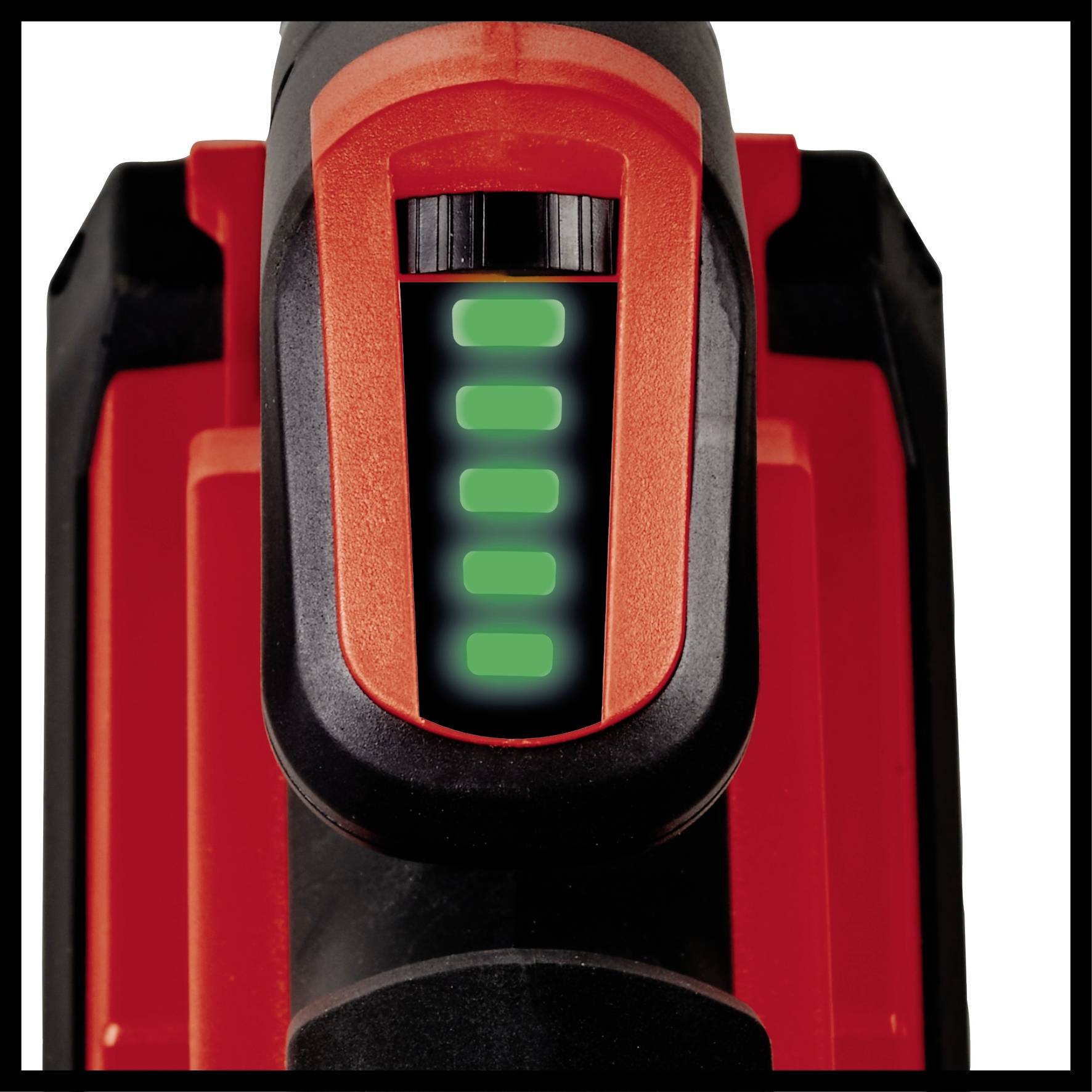 A red lithium-ion battery indicator shows five green bars representing a full charge state. Battery inserted in a black device.