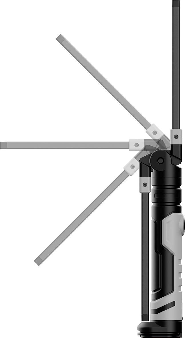 'Foldable, portable device with multiple pivoting arms showing various positions, on a white background.'