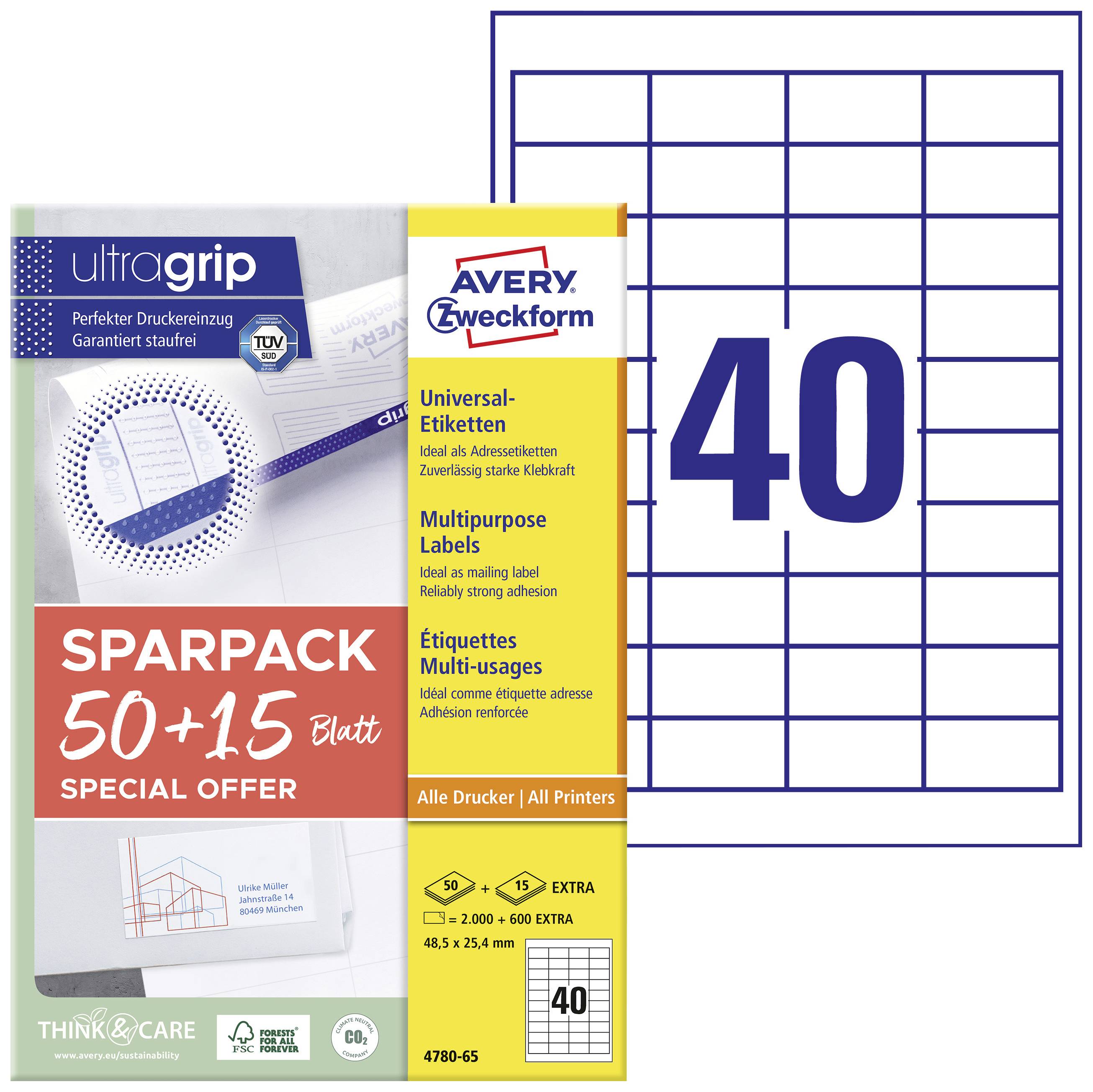 Avery-Zweckform 4780-65 All-purpose labels 48.5 x 25.4 mm Paper White 65 sheet Permanent adhesive Inkjet printer, Laser printer, Laser, colour, Copier, Colour copier, Manual labeling