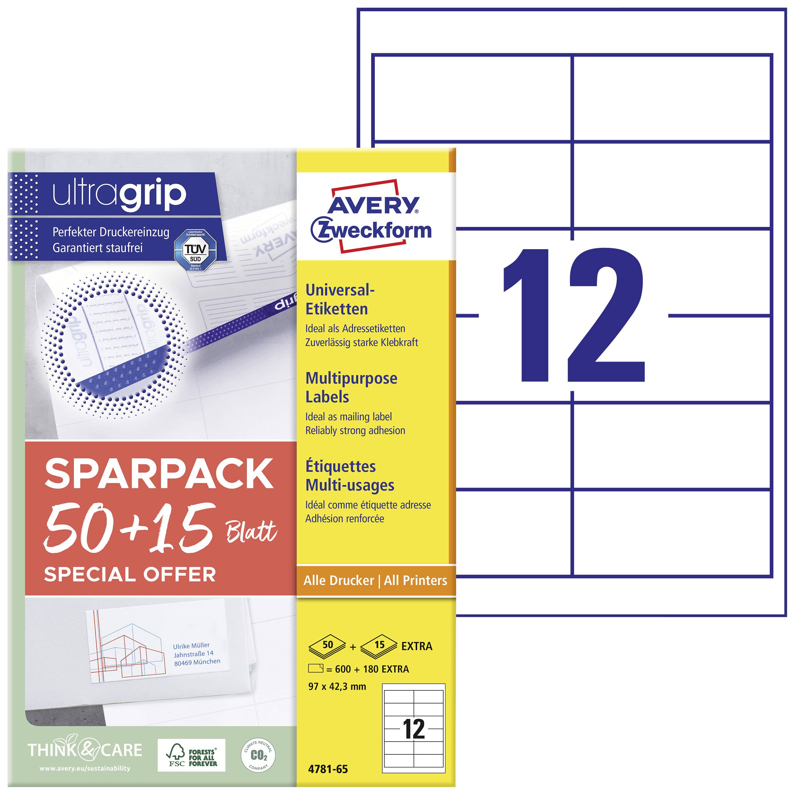 Avery-Zweckform 4781-65 All-purpose labels 97 x 42.3 mm Paper White 65 sheet Permanent adhesive Inkjet printer, Laser printer, Laser, colour, Copier, Colour