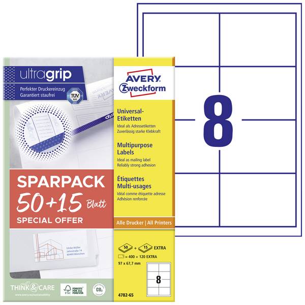 Avery-Zweckform 4782-65 All-purpose labels 97 x 67.7 mm Paper White 65 sheet Permanent adhesive Inkjet printer, Laser printer, Laser, colour, Copier, Colour copier, Manual labeling