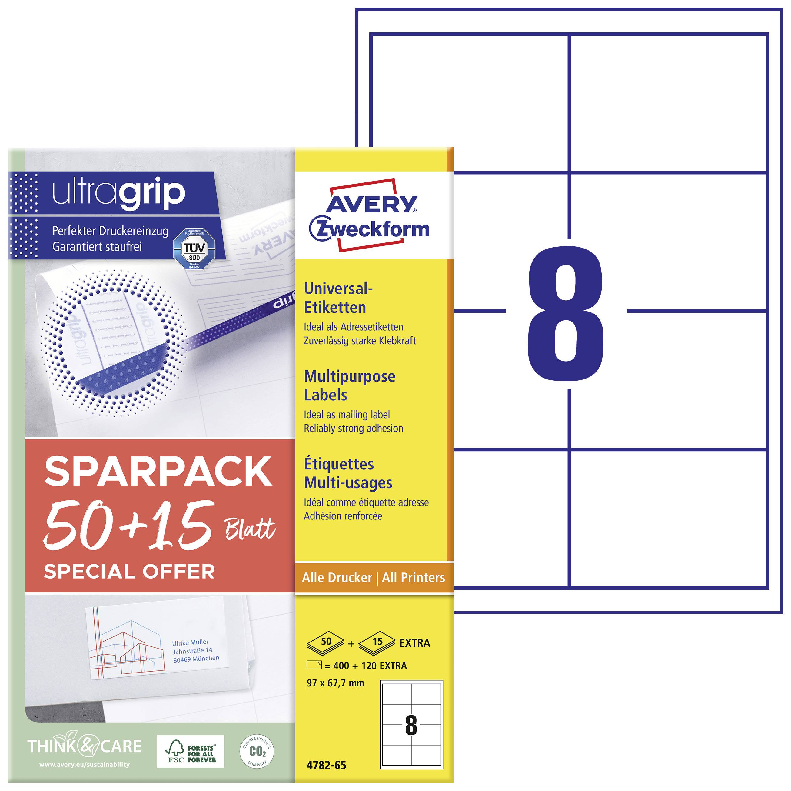 Avery-Zweckform 4782-65 All-purpose labels 97 x 67.7 mm Paper White 65 sheet Permanent adhesive Inkjet printer, Laser printer, Laser, colour, Copier, Colour