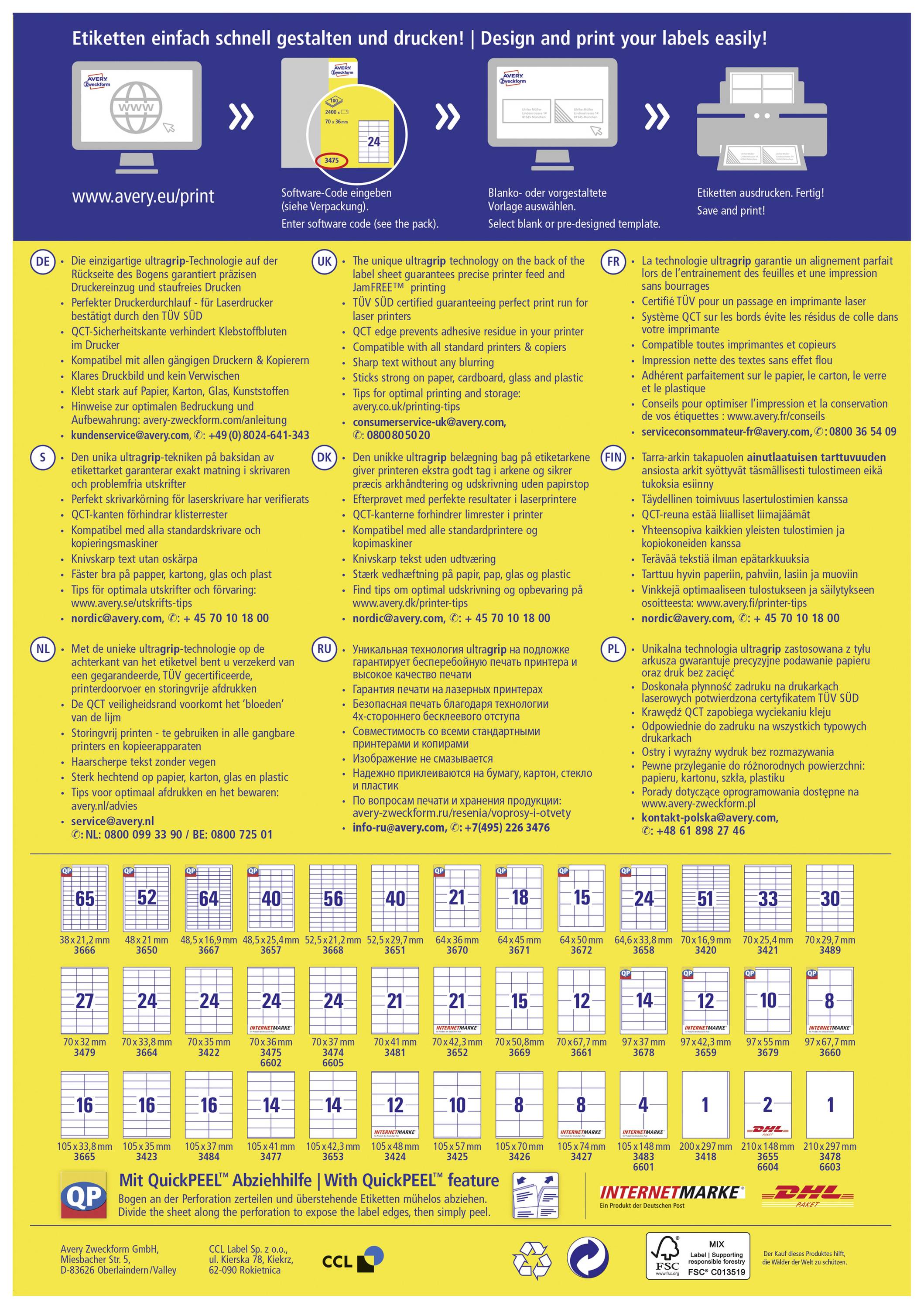 A poster displays various label options and describes how to design and print them quickly. Supplier and contact information below.