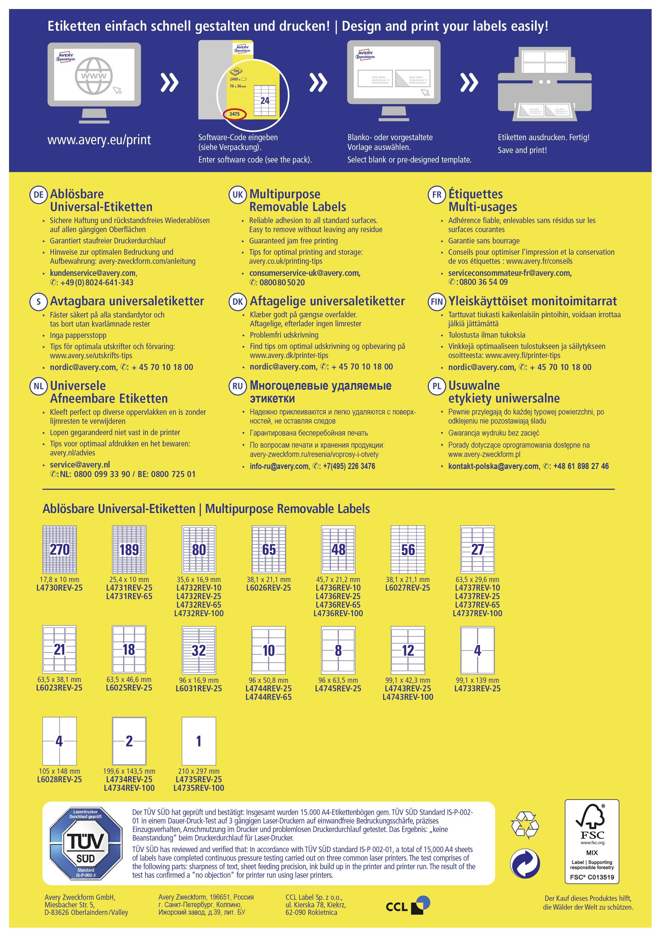 'Design and print labels quickly and easily!' Flyer showcases various removable label options with sizes and order numbers.