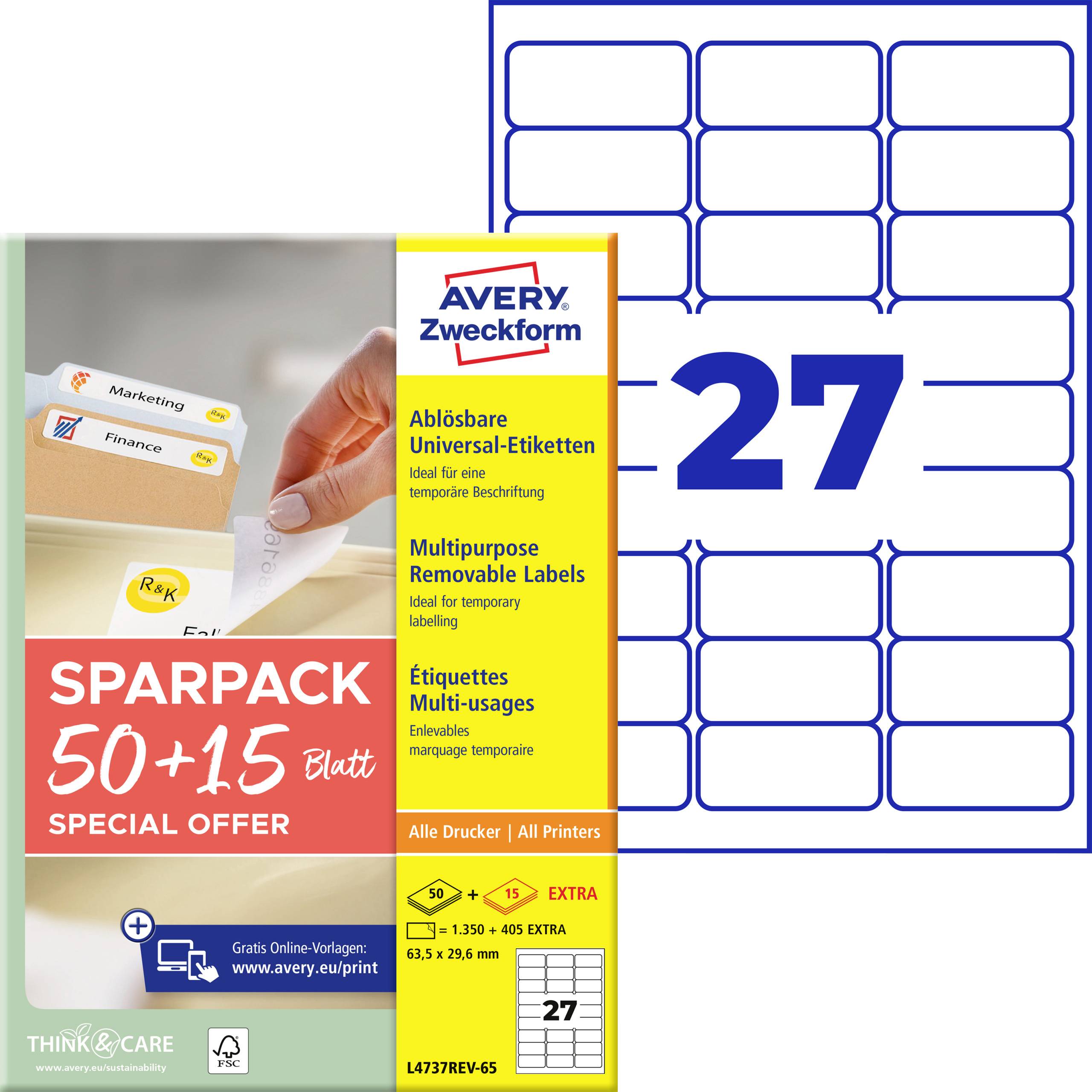 Avery Zweckform label pack advertisement showing 27 sheet label templates and a special offer for 'SPARPACK 50+15 Blatt' removable labels for all printers.<br>