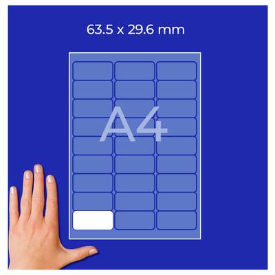 Graphic of an A4 label with '63.5 x 29.6 mm'; grid for many small labels, hand showing the size.