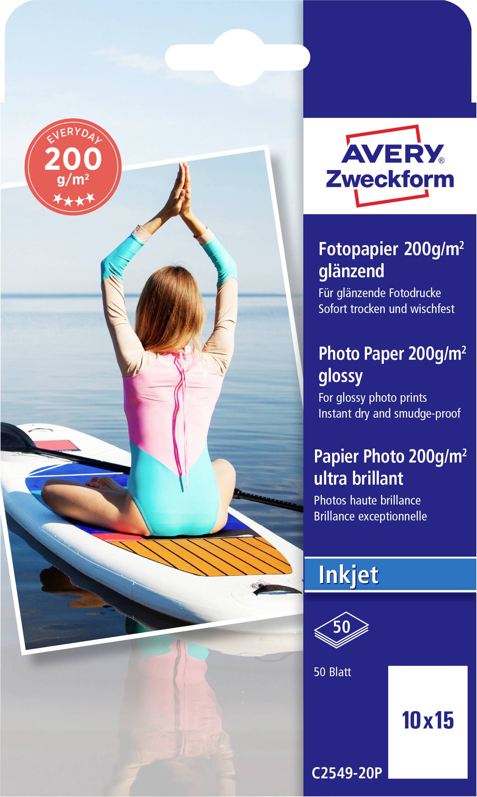 Avery Zweckform glossy photo paper packaging showing a woman doing yoga on a paddleboard; product details: 200 g/m² inkjet photo paper, 50 sheets, 10x15 cm.