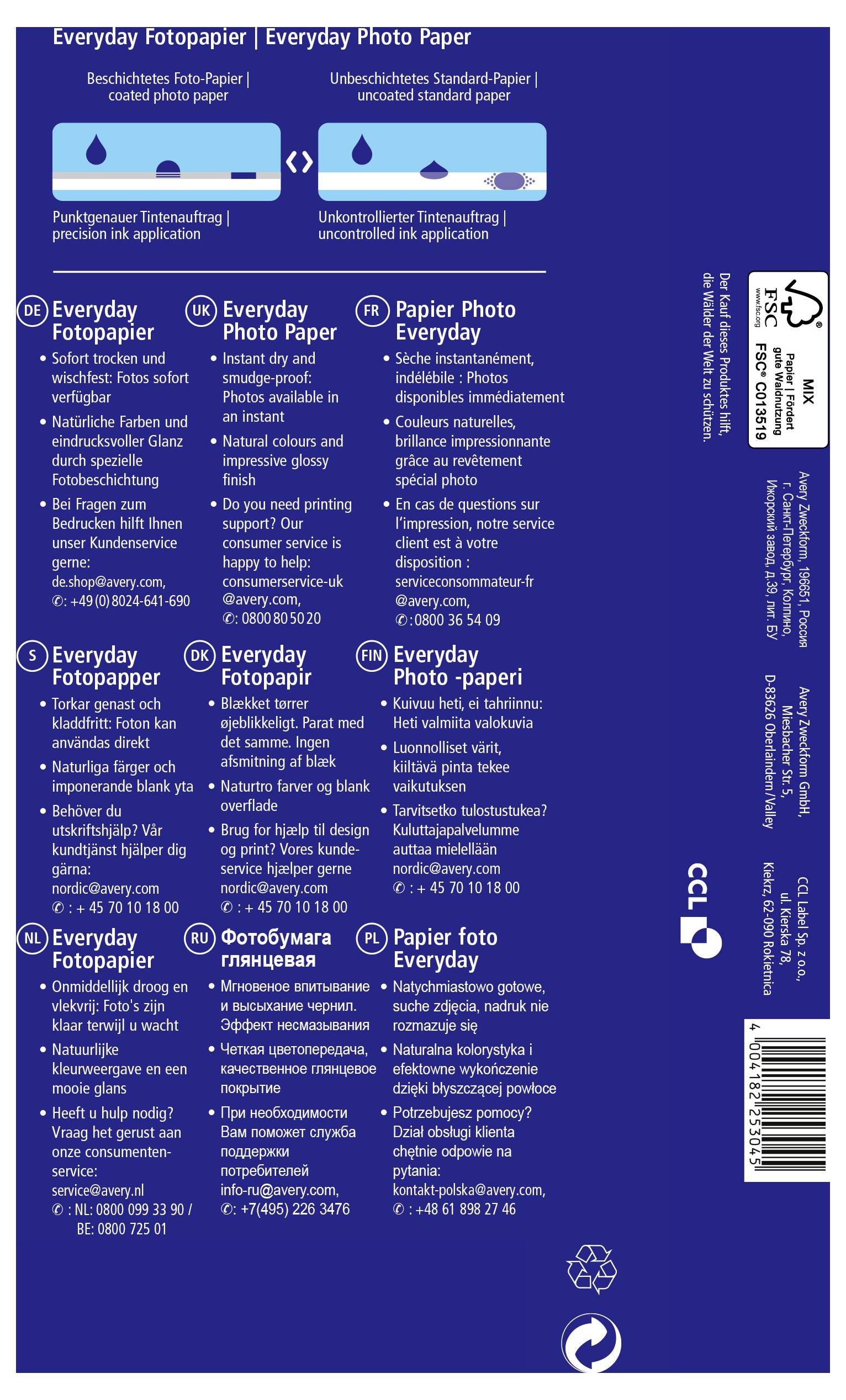 Blue packaging panel comparing 'Everyday Fotopaper' and 'Everyday Photo Paper' with droplets and paper icons, plus multilingual product descriptions and barcodes.
