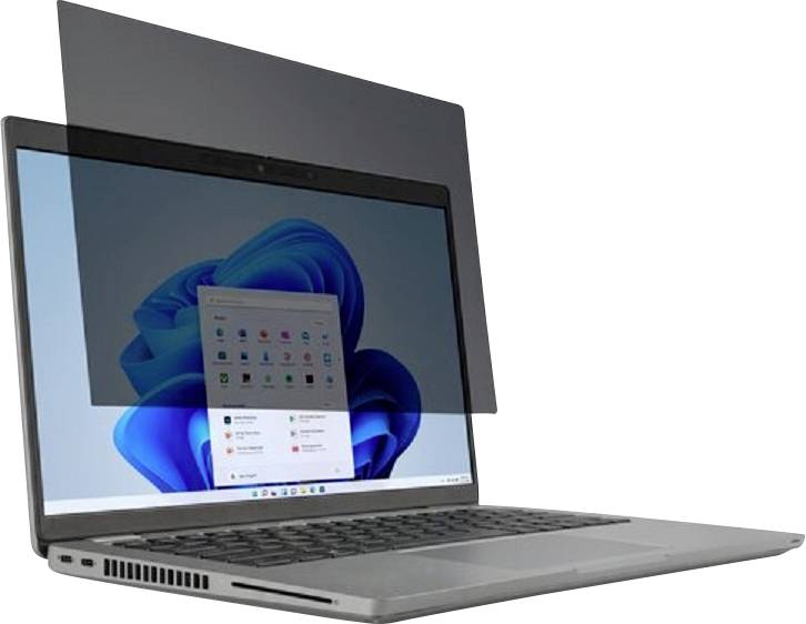 Laptop with an open screen displaying an operating system start menu; an anti-glare filter is attached to reduce screen glare.
