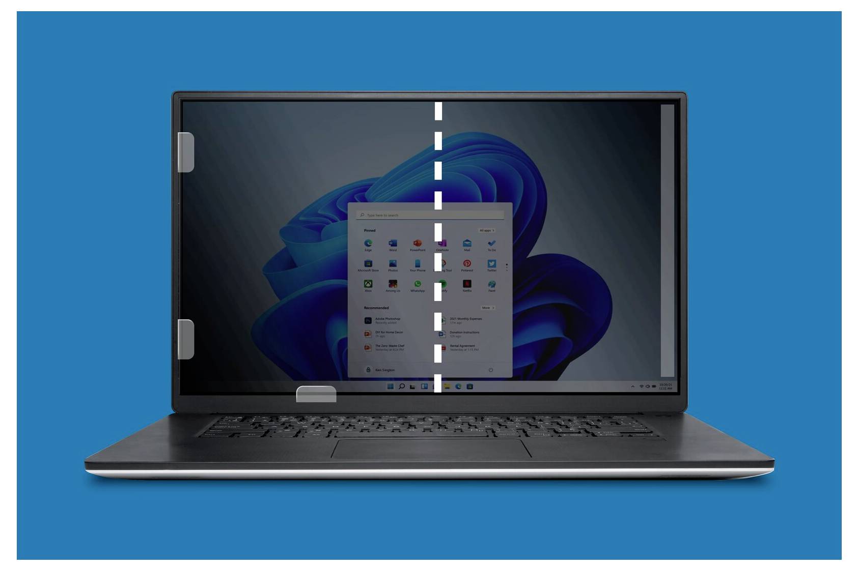 A laptop displays a screen with an operating system interface. A dashed line divides the screen into two halves.
