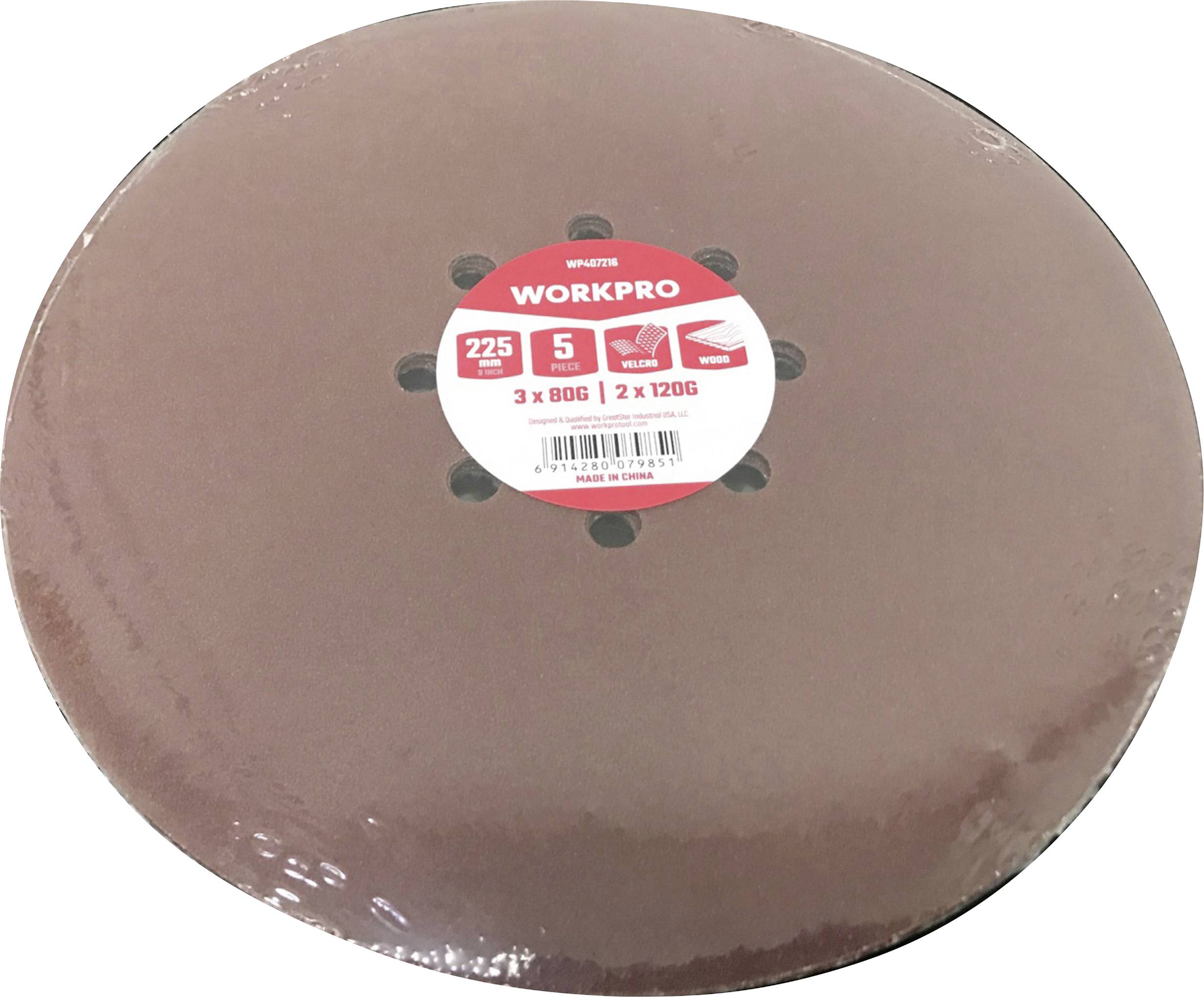 Round sandpaper pack by WORKPRO, 8 holes, with a label in the centre. Contains 3 x 80G and 2 x 120G grit.