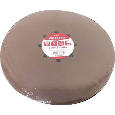 Round sandpaper pack by WORKPRO, 8 holes, with a label in the centre. Contains 3 x 80G and 2 x 120G grit.