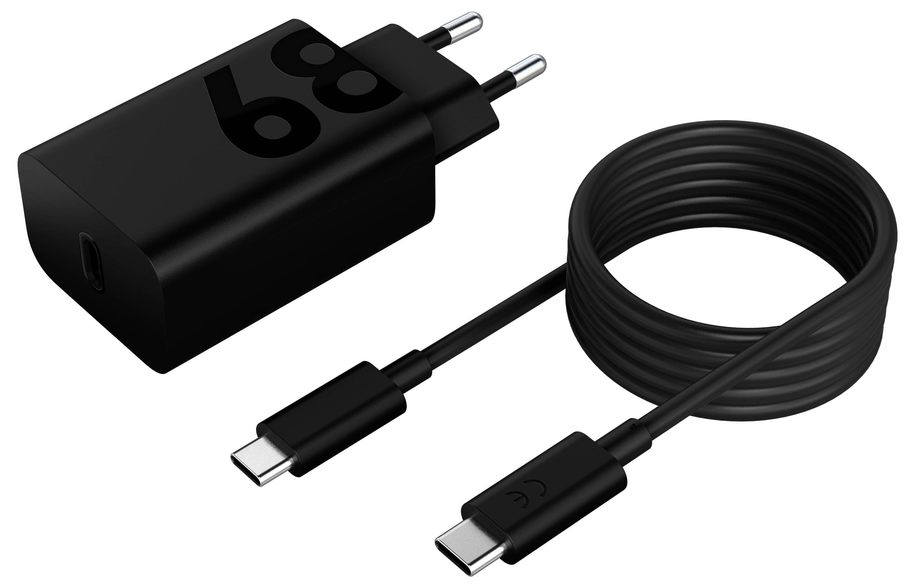 A black charger with a USB-C port and its accompanying black USB-C cable, placed on a light background.