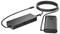 Black USB-C docking station with multiple ports, including Ethernet, HDMI and USB, next to a black power adapter with cable.