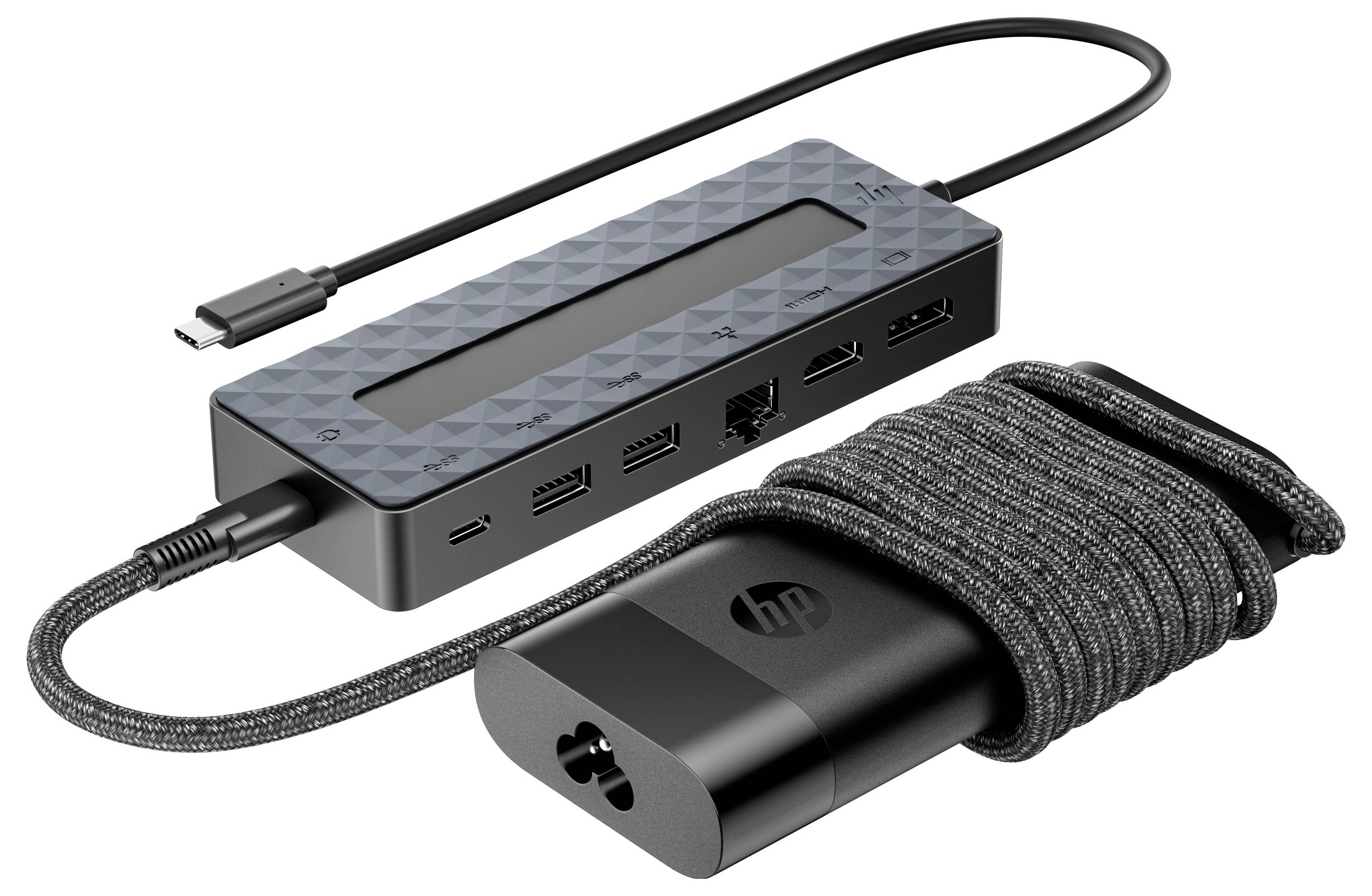 External USB-C docking station with multiple ports and power adapter. Ideal for connecting accessories to laptops.