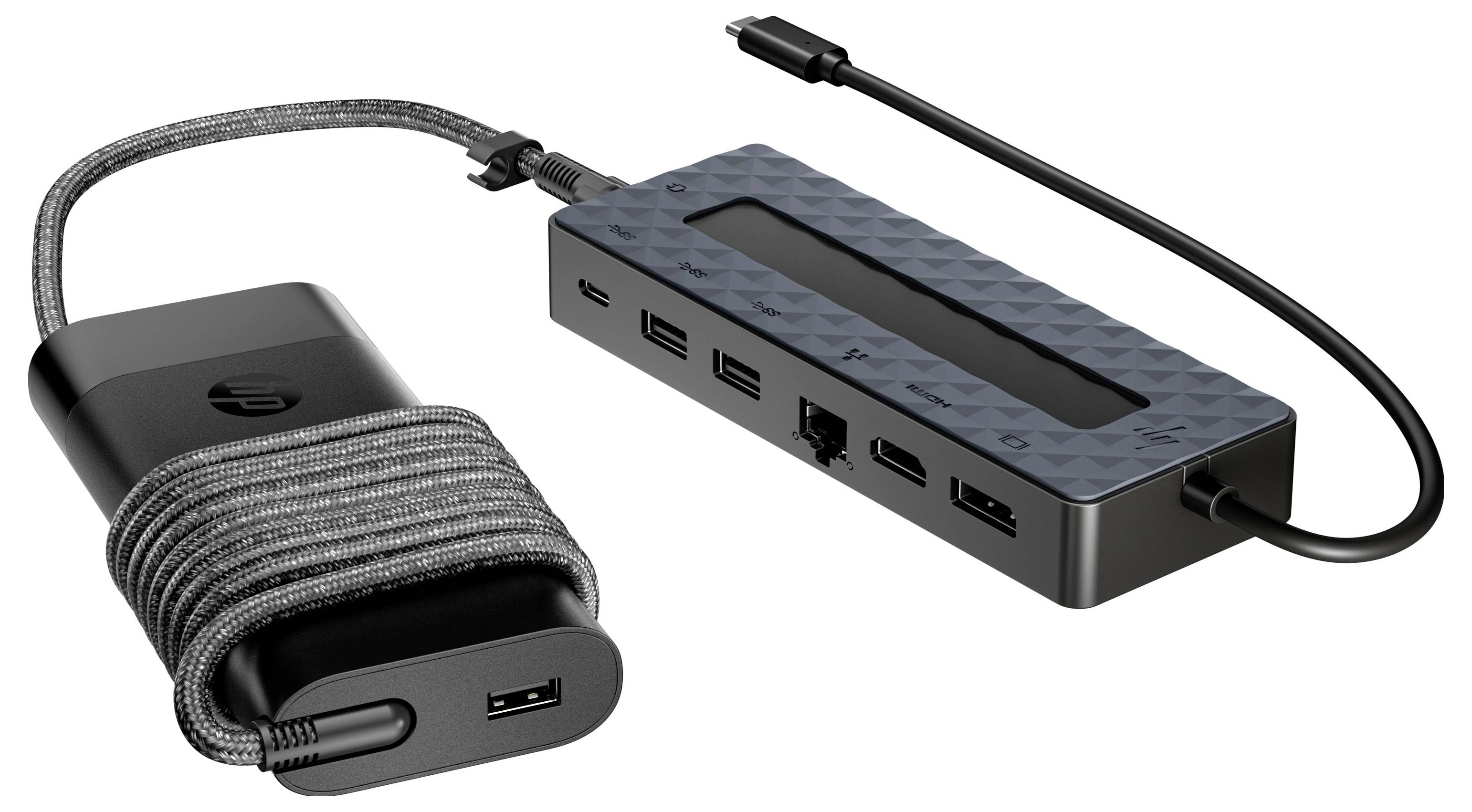 Black USB docking station with various ports, alongside a black power adaptor with cable.