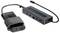 Black USB docking station with various ports, alongside a black power adaptor with cable.