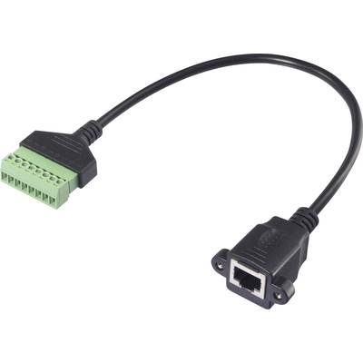 A black cable with a green, multi-pin plug on the left side and an RJ45 socket on the right side, for connecting devices.