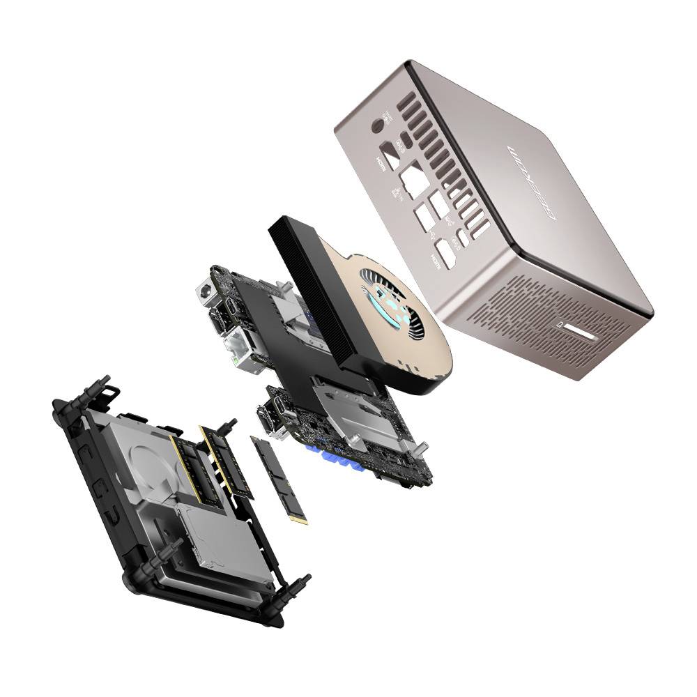 A silver mini PC is shown in individual parts: chassis, fan, motherboard, and memory. Exploded view to illustrate the components.