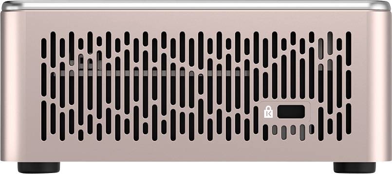 Compact pink speaker with vertical ventilation slots and black logo in the bottom right corner, mounted on a black stand.