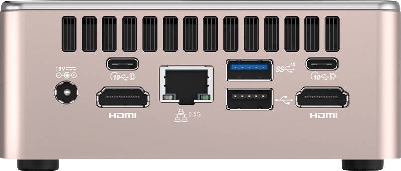 Back of a technical device with multiple ports: two HDMI, two USB-C, one Ethernet port, one USB-A and a power socket.