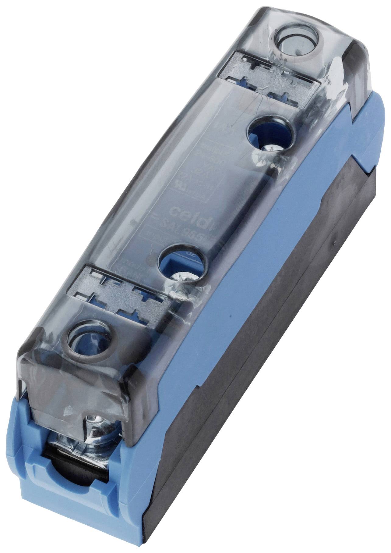 A blue electric circuit breaker with two mounting holes and a transparent plastic cover, photographed at an angle from above.