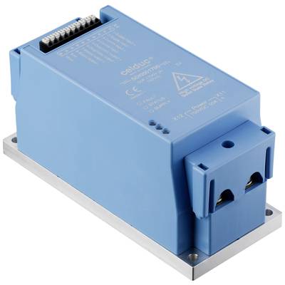 A blue electric relay with multiple terminals, mounted on a metal base. It displays voltage specifications and warning symbols.