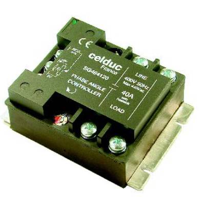 A phase-angle controller by Celduc, model SG64, for power control. Black housing with multiple connection terminals.