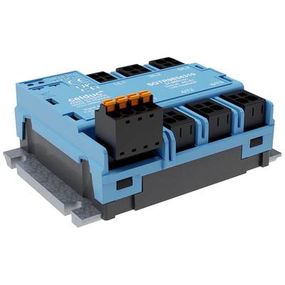 An electrical component, likely a relay module, with multiple black and orange connectors on a blue base.