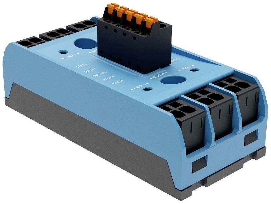 A blue, rectangular electrical device with connections on the top and sides, possibly a connection module.