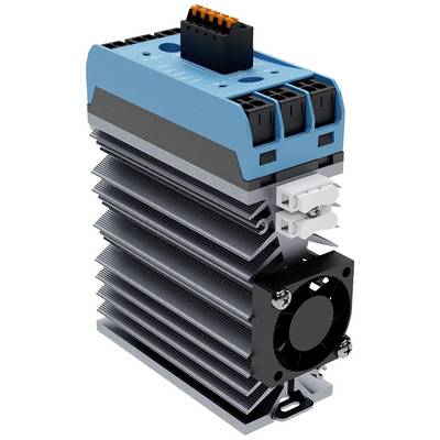 'Industrial circuit breaker with heatsink and fan. Distribution terminals at the top and fins for heat dissipation. Applications: Industrial plants.'