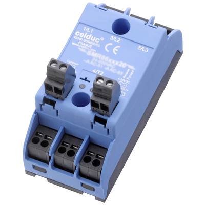 Blue electrical contactor with three terminals, text above shows technical specifications and manufacturer information.
